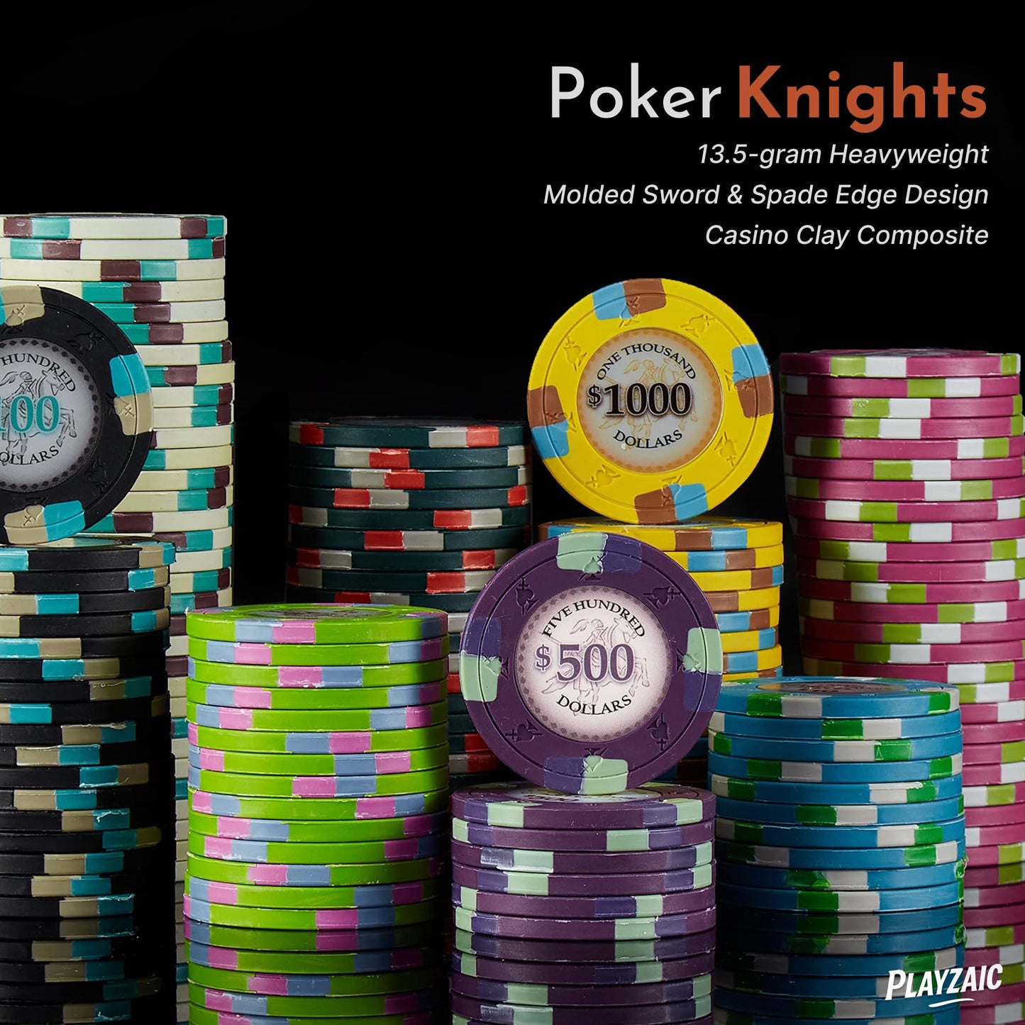Playzaic 1000-piece Acrylic Poker Knights Poker Chip Case - 13.5-gram Heavy Clay Composite Set - Casino Chips for Texas Holdem, Blackjack - Betting Game Accessories