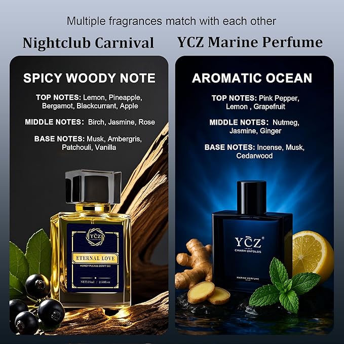 Ycz Cologne for Men Set, 1.7oz(50ml) Bottled Marine Perfume & Carnival Men Perfume, Long Lasting Spicy Wood Fragrance, Elegant Unique, Sleek Bottle Design for Christmas Gifts Ideal