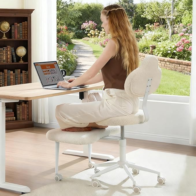 Cross Legged Office Chair with Wheels for ADHD, Ergonomic 360° Swivel Height-Adjustable Meditation Chair for Yoga, Kneeling Chair with 4 inch seat Cushion and Lumbar Support, Teddy Fabric, Off White
