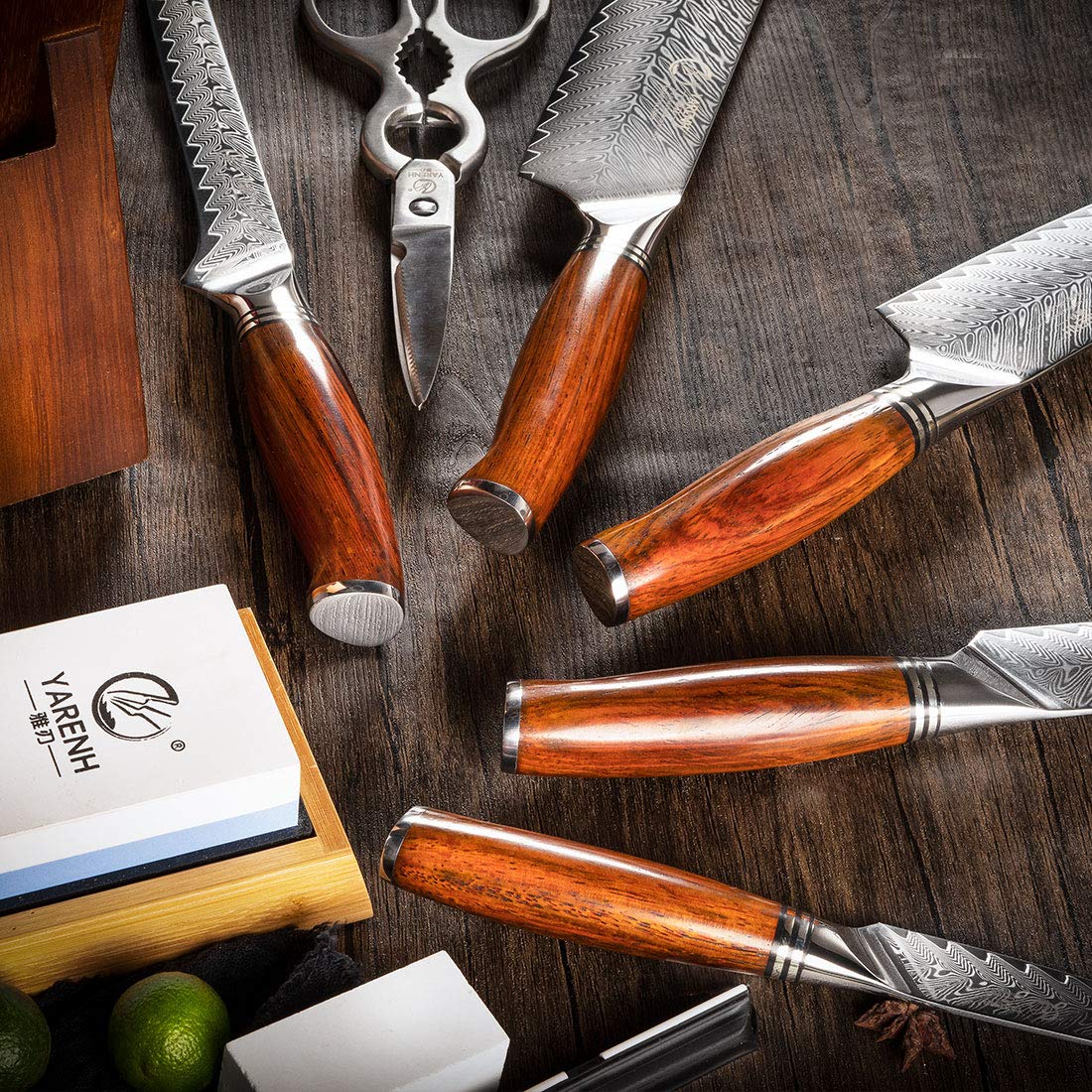 YARENH Kitchen Knife Set with Block, 8 Piece, Sharp Professional Chef Knife, 73 Layers Damascus High Carbon Stainless Steel, Full Tang Sandalwood Handle, Gift Box