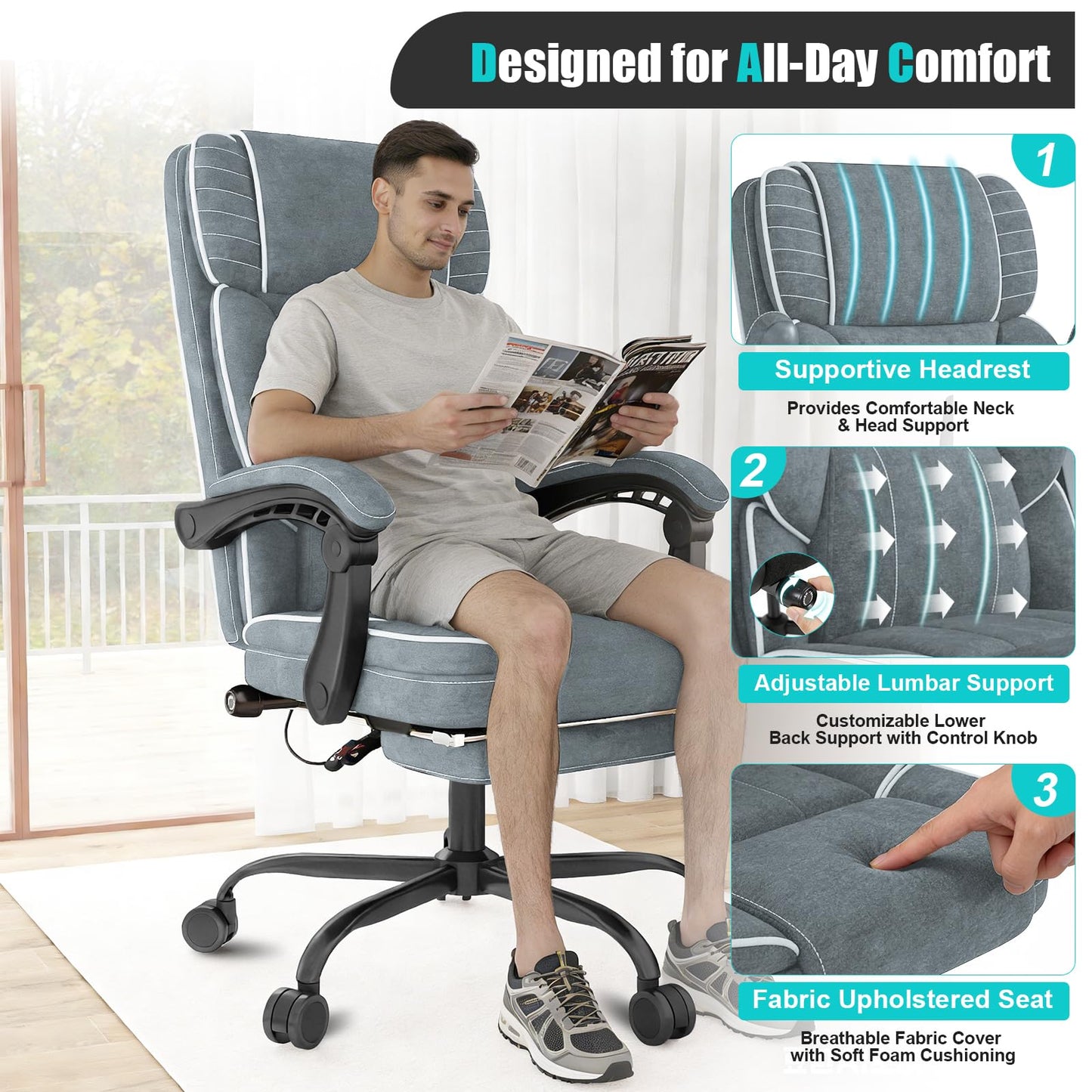 Executive Office Chair with Footrest, Ergonomic Reclining Computer Desk Chair with Adjustable Lumbar Support, 360° Swivel, Breathable Fabric, 400lbs Capacity for Home & Office