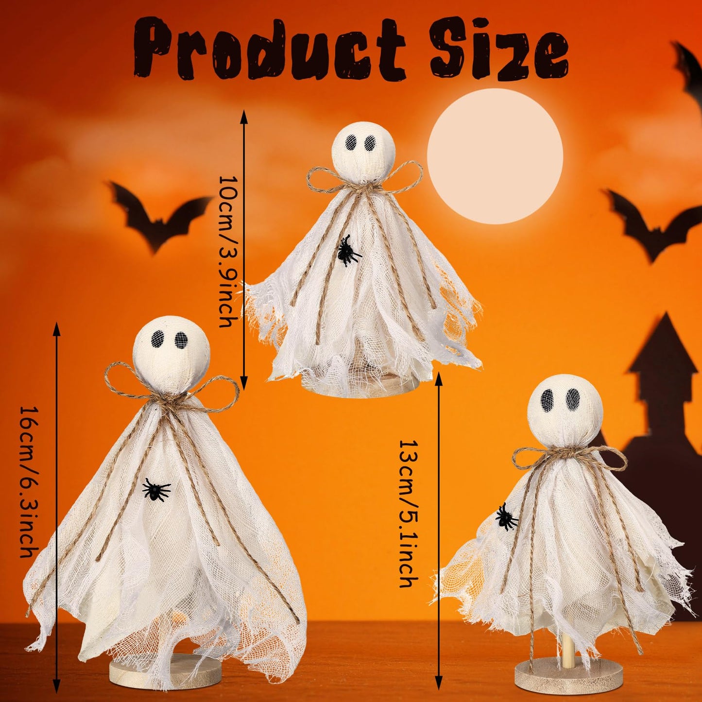 Redbaker 3 Pcs Halloween Decorations Indoor Primitive Halloween Ghost on Wooden Stand Spooky Ghost Tiered Tray Decor Rustic Table Centerpiece for Home Office Mantel Shelf Party Supplies(Beige)