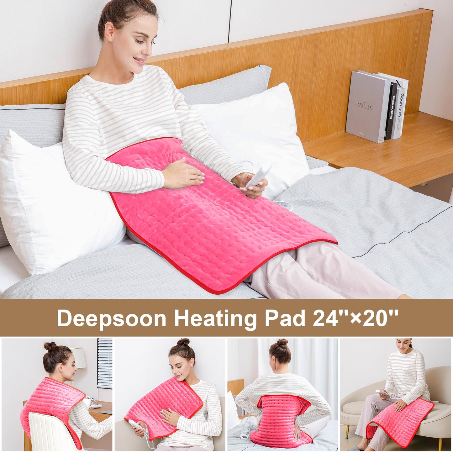 Deepsoon Heating Pad,Electric Heating Pads for Back,Neck,Abdomen,Moist Heating Pad for Shoulder,Knee,Arms,Legs,Dry/Moist Heat & Auto Shut Off,Christmas Gifts for Men and Women,Fuchsia,24x20 Inch