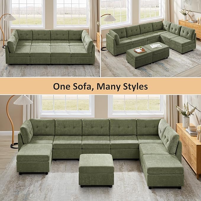VANOMi 118 Inch Cloud Modular Sectional Sofa, 8 Seater Cloud Sectional Sofa Bed, Chenille Sofas & Couches for Living Room, Apartment, Office, Green