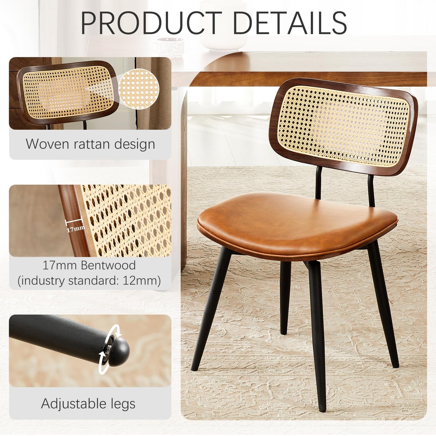 Dining Chairs, Swivel Dining Chairs Set of 4, Faux Leather & Rattan Walnut Dining Room Chairs, Bentwood & Metal Frame Upholstered Chairs with 360°Rotation, Modern Kitchen/Living Room Chair (Brown)