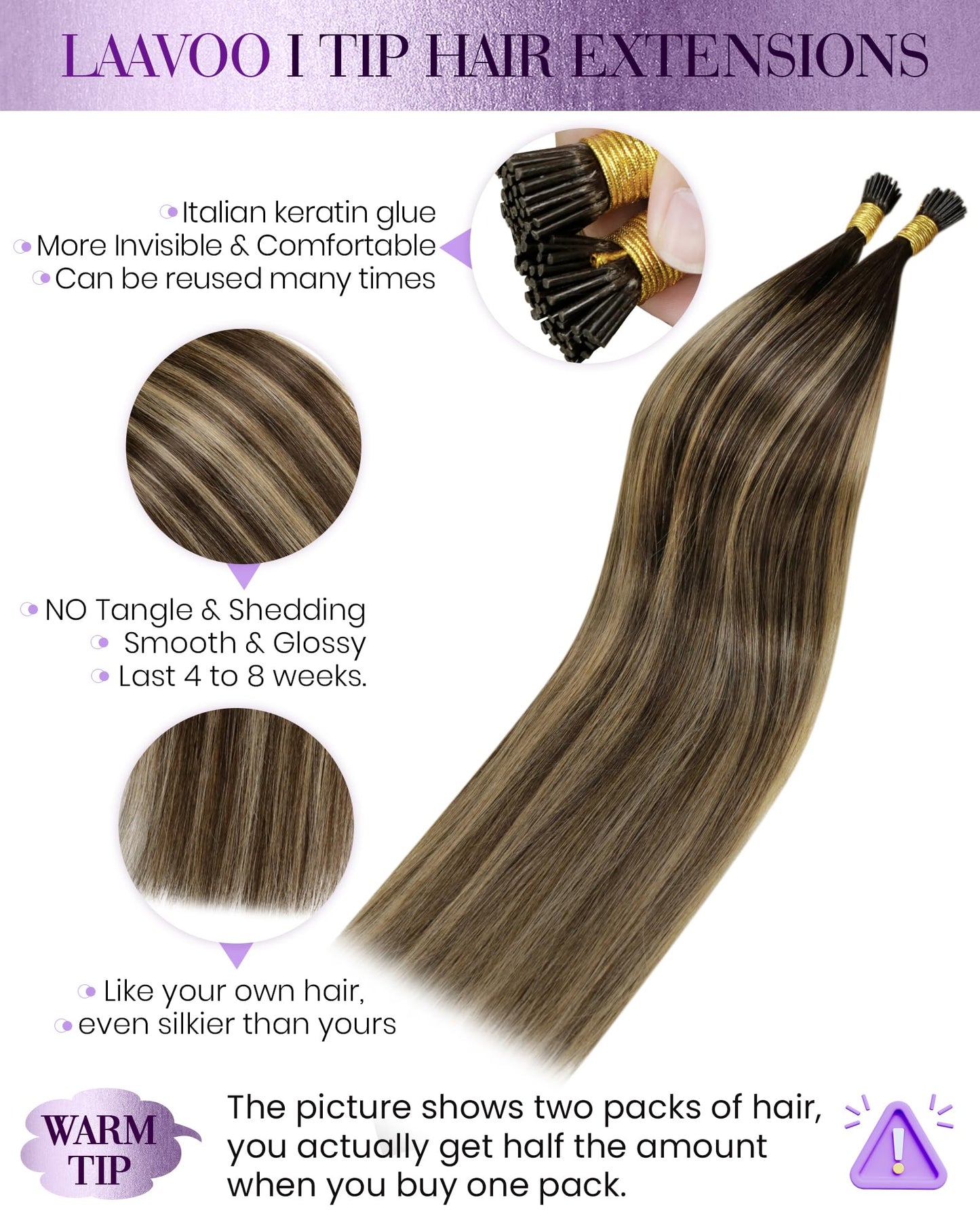 LaaVoo Itip Human Hair Extensions Balayage I Tip Hair Extensions Human Hair Balayage Dark Brown to Caramel Brown I Tips Hair Ext