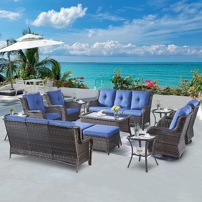 Belord Wicker Patio Furniture Sets - 13 Piece Outdoor Rattan Furniture Conversation Sets with 4 Swivel Rocker Chairs, 2 Rattan Sofas, Wicker Ottomans and Coffee Table, Brown/Blue
