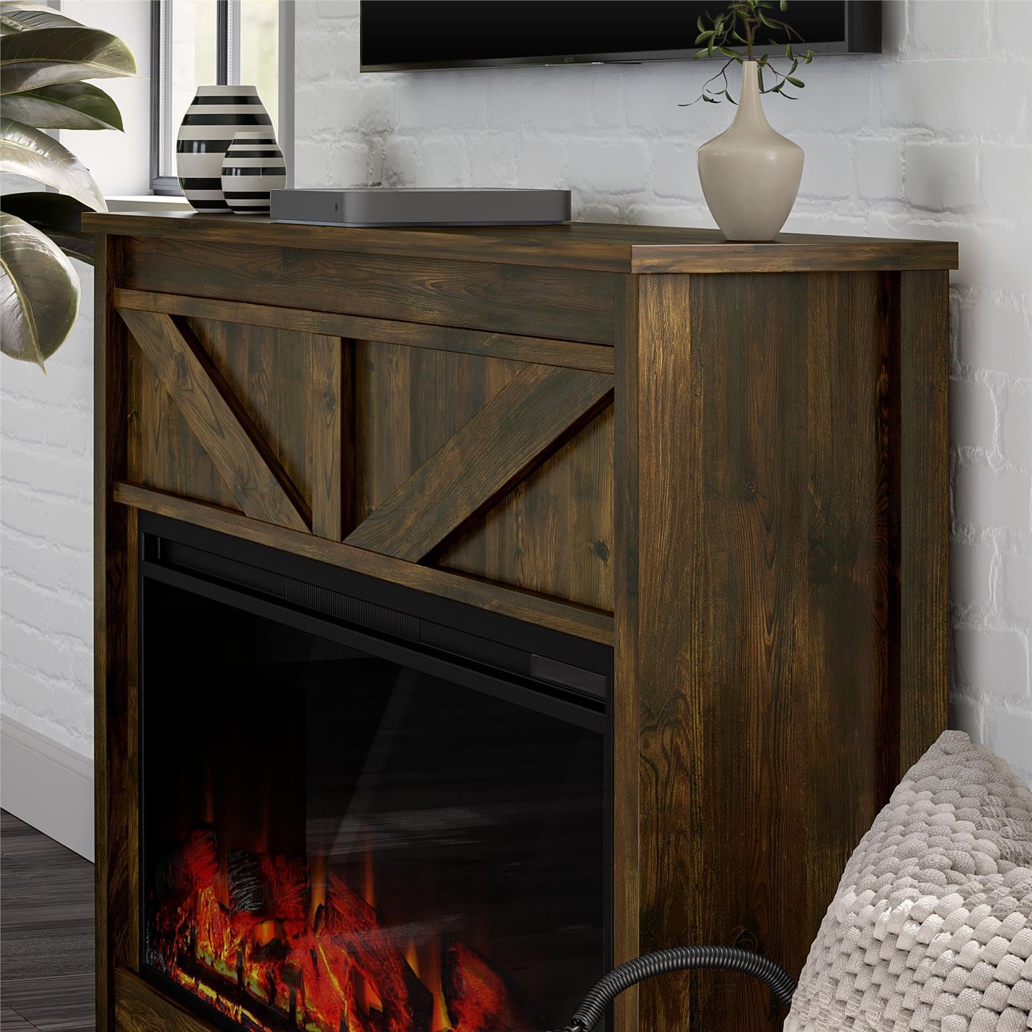 Ameriwood Home Farmington 49 Inch Electric Fireplace with Mantel, Replaceable Fireplace Insert Heater. Remote Control, Timer, Realistic Log and Flame Effect, Century Barn Pine