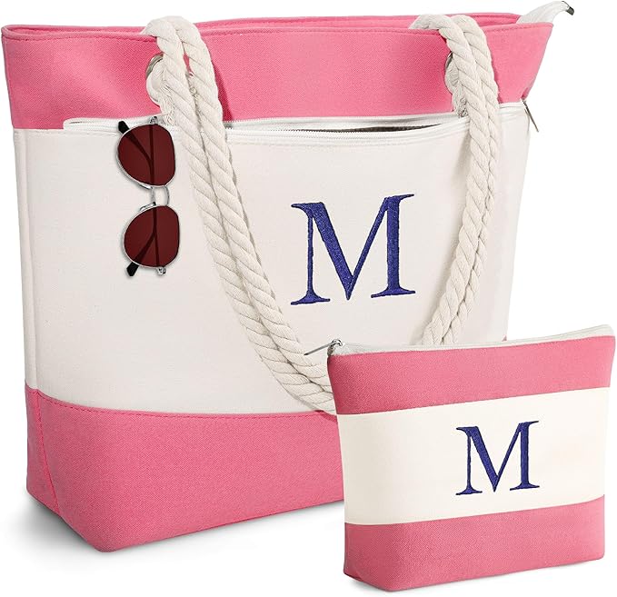 YOOLIFE Beach Bags for Women - Initial Canvas Tote Waterproof Bag with Makeup Bag Gifts for Women Mom Friend Birthday Her