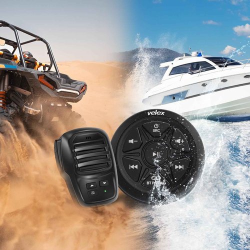Velex Bluetooth Audio Receiver, Waterproof Marine Amplifier 2 Channel with Rechargeable Handheld Microphone Wireless Range 30 Feets