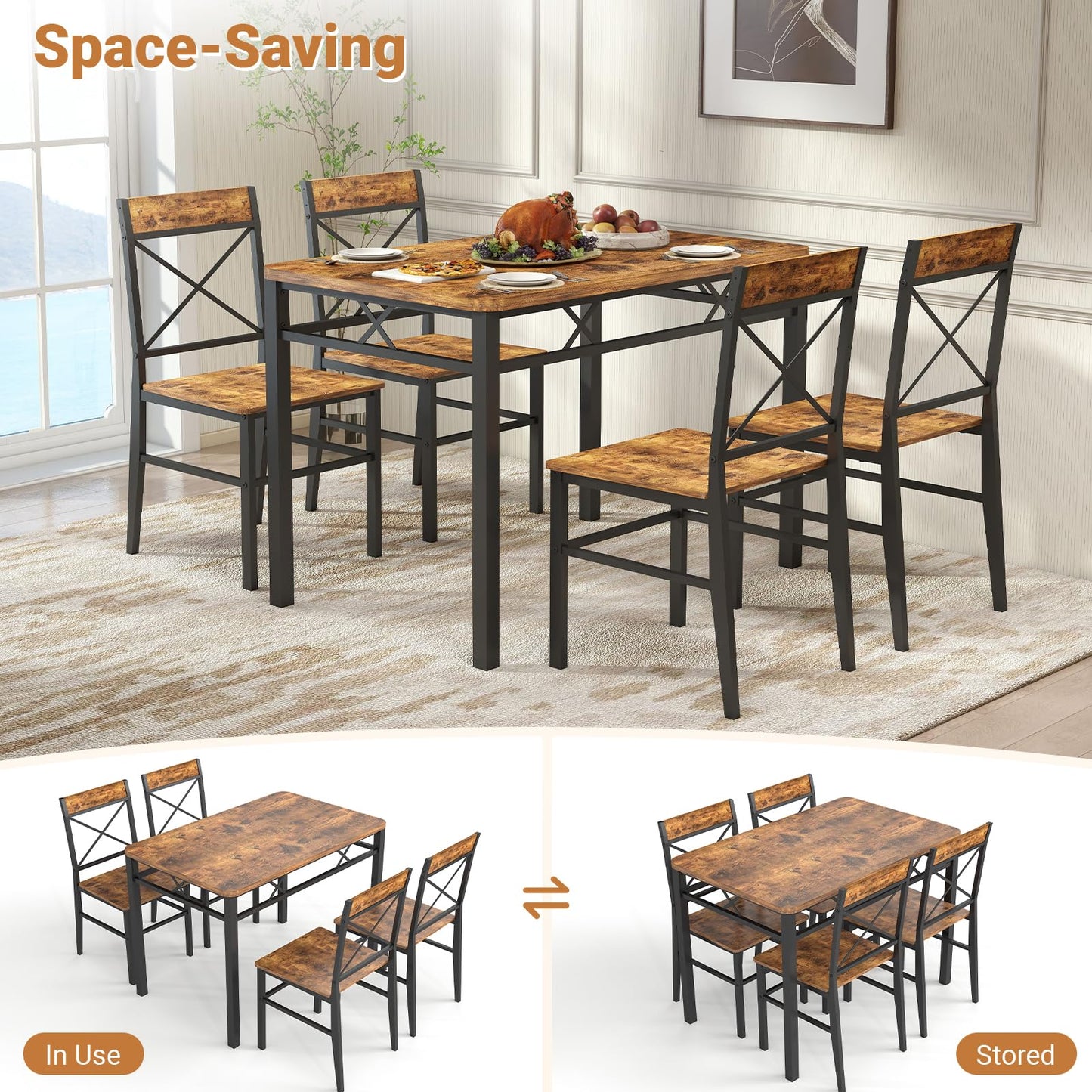 Zevemomo 5-Piece Dining Table Set, Dining Table Set for 4, Small Kitchen Table Set for 4, Wood Dining Room Table, with 4 Curved Backrest Chairs, Compact Dining Set for Small Spaces & Kitchen-Brown