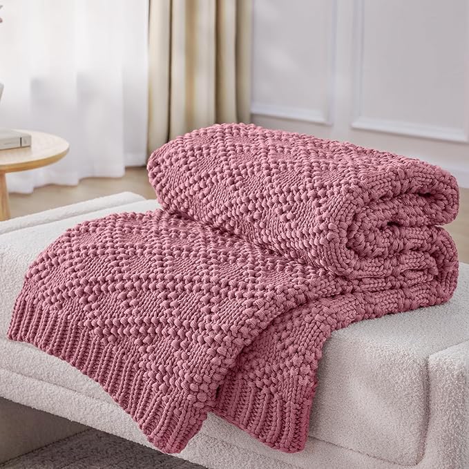 Knitted Weighted Blanket for Adult, Chunky Knit Weighted Throw for Sleep 48"*72" 12lbs, Cooling Breathable Heavy Blanket for Hot Sleepers, Machine Washable Blanket for Room Decor(Pink)