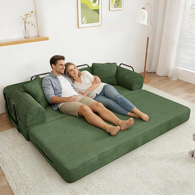 77" Convertible Sofa Bed, Modular Folding Futon Corduroy Floor Foam Compressed Loveseat Sleeper Sofa Couch, Pull Out Queen Size Couch Bed with 2 Pillows for Living Room Guest Room Studio, Dark Green