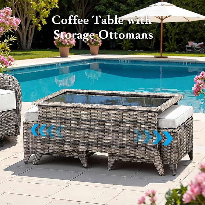 Belord Luxury 6" Thick Cushioned 10 Pieces Patio Furniture Set with Outdoor Couch, Wicker Outdoor Conversation Set with High Back Swivel Rocker Chairs for Deck Porch Yard and Poolside - Grey+Beige