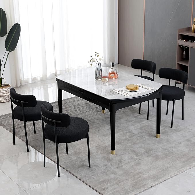 DYHOME Black Boucle Dining Chairs Set of 6, Modern Upholstered Dining Chairs with Curved Backrest and Metal Legs, Kitchen Dining Room Chairs