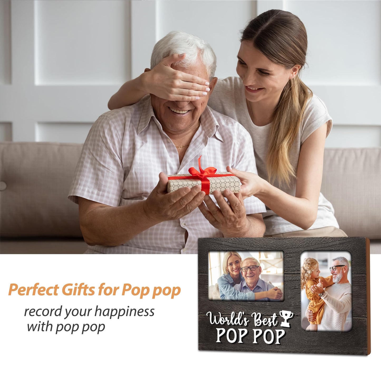 Fahters Day Pop Pop Gifts, Poppop Gifts from Grandson 3D Photo Frame Hold 4x6 Inches Two Photos, World's Best Pop Gift Gag Birthday Gift for Him from Granddaughter on Father's Day Grandparents Day