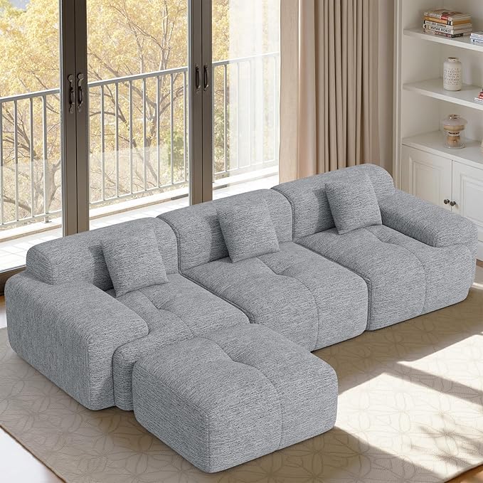 122" L Shaped Convertible Modular Couch, Cloud Couch Sectional with Ottoman, 4-Seater Chenille Boneless Couches for Living Room, Apartment, No Assembly, Light Grey 1PCS