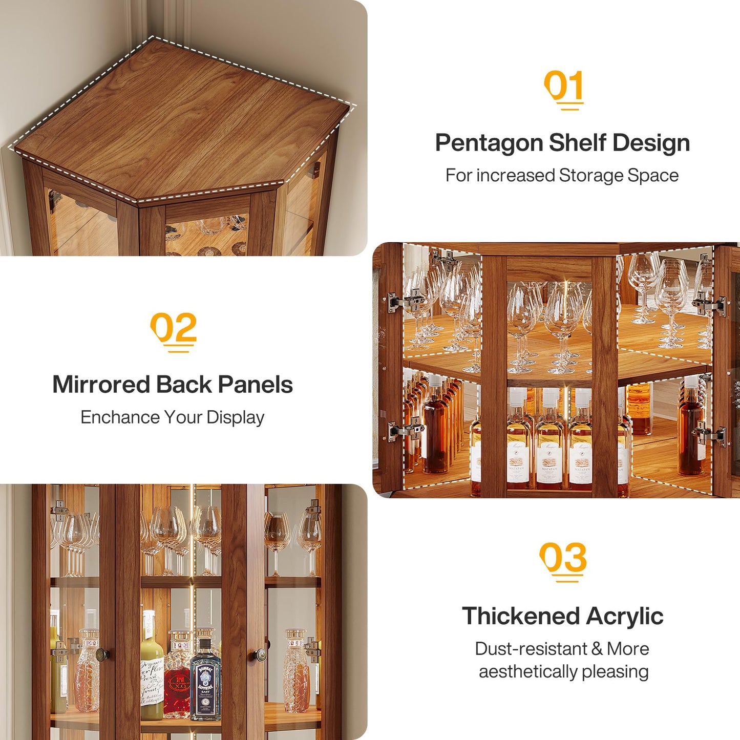 Tribesigns 70.87-Inch Corner Bar Cabinet, Tall Modern Corner Wine Cabinet with Doors & LED Lights, 5-Tier Home Bar Liquor Cabinet for Dining Room, Living Room, Kitchen, Rusitc Brown