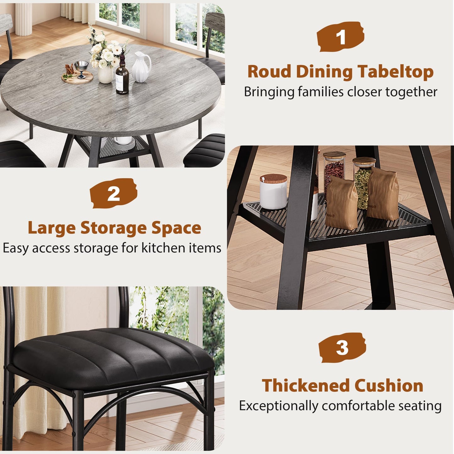 Round Dining Table Set for 4, Kitchen Table and Chairs for 4, Circle Table Round Pedestal Dining Room Dinner Dinette Table Set,5 Piece Space Saving Wood Kitchen & Dining Room Tables (Grey, 47In)