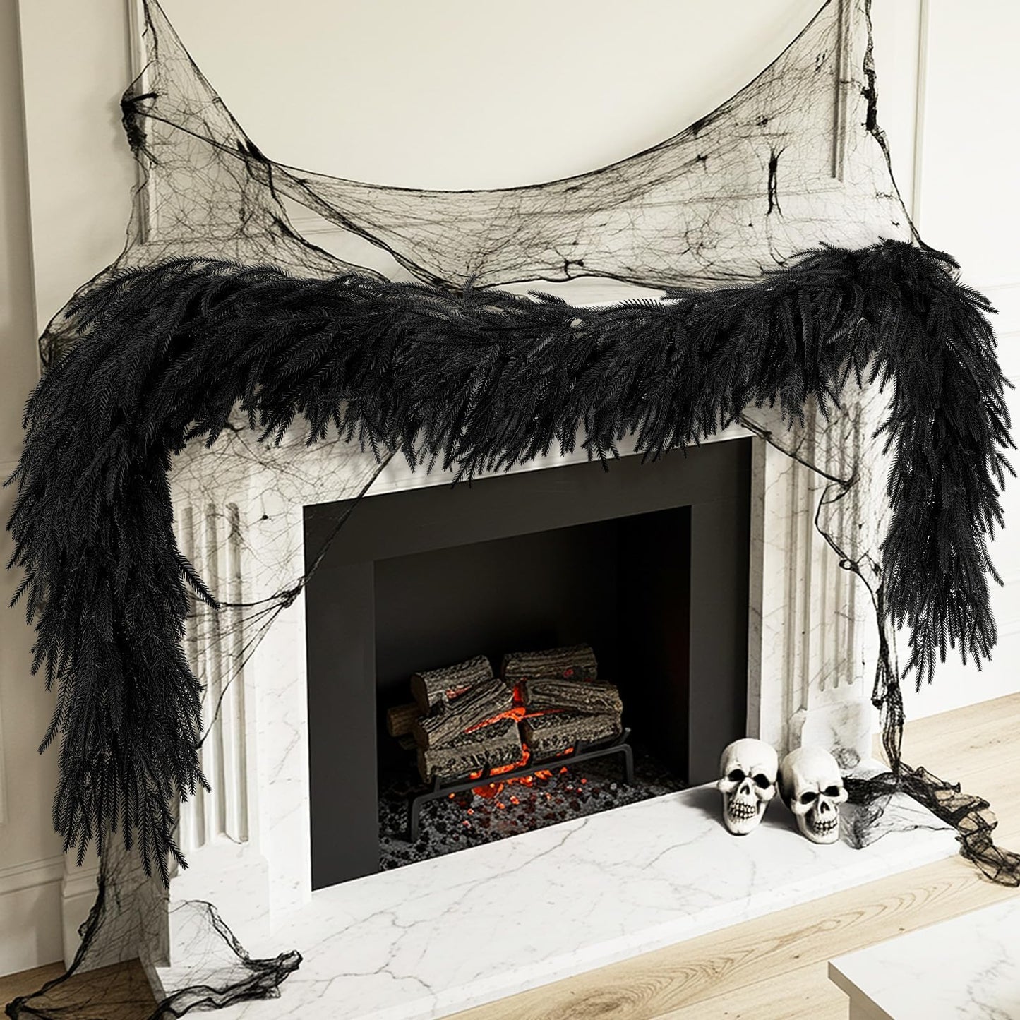 N&T NIETING 5.9FT Halloween Black Artificial Norfolk Pine Garlands Real Touch Pine Garland Faux Garland for Table, Mantle Holiday Fireplace Indoor Outdoor Halloween Decorations