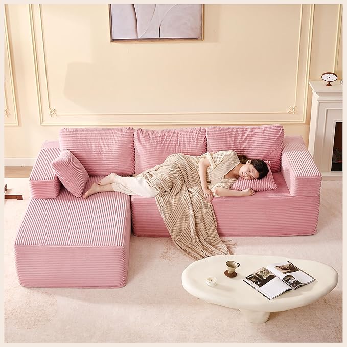 Afuson 107" Boneless Couch with Deep Seat, Modular Sectional Sofa, Cloud Sectional Couch for Living Room, No Assembly Required, Corduroy, L-Shape Left, Pink