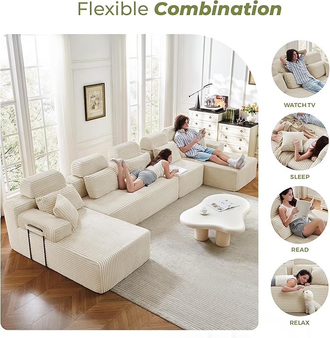 171" U-Shaped Cloud Modular Sectional Sofa with Chaise & Headrest, Boneless Deep Seat Plush Corduroy Couches for Large Living Room, No Assembly Required (White, 171" U-shapred Chaise)