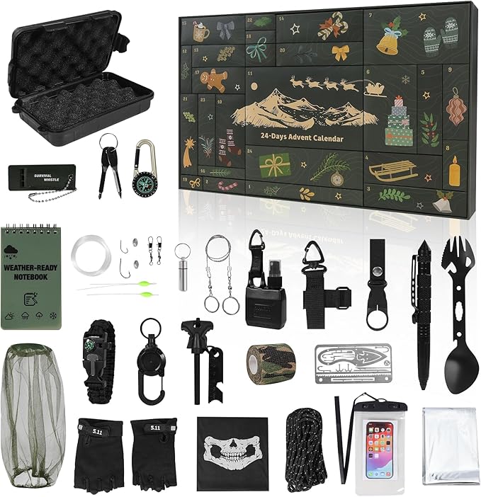 Survival Kit Advent Calendar 2025 - 24 Day Christmas Countdown Calendar with Survival Tools & Emergency Gear, Gifts for Me...