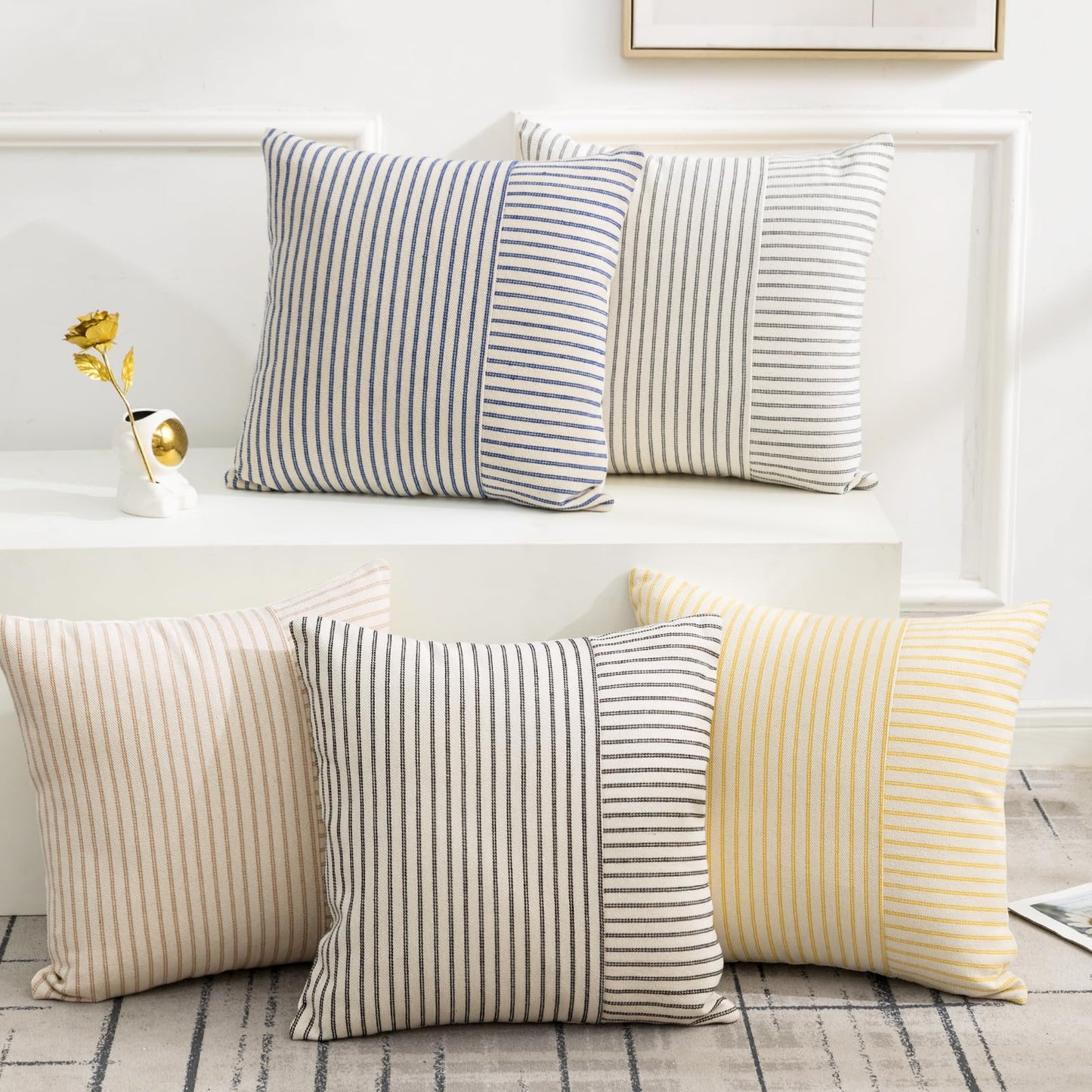 Farmhouse Pillow Covers 18x18, Modern Accent Square Throw Pillow Covers Set of 2, Blue and Beige Striped Patchwork Linen Decorative Pillows Cushion Covers for Couch Chair Bedroom Fall Decorations