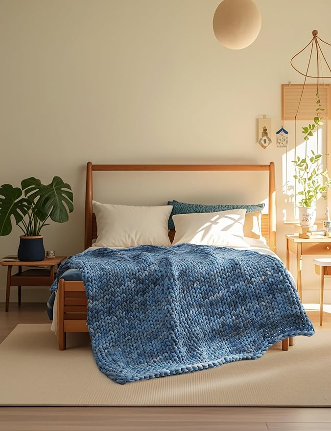YnM Weighted Blanket, Handmade Chunky Knitted Design, Soft and Cozy, Temperature Regulating and Breathable, Machine Washable Throw for Sleep or Home Decor (Dark Blue Tie-Dyed, 60x80 Inch, 20lbs)