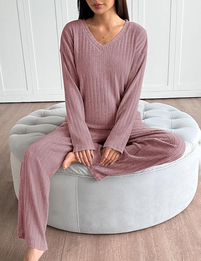 Ekouaer Lounge Sets for Women Long Sleeve Knit Ribbed Pajama Sets 2 Piece Casual Loungewear with Pockets