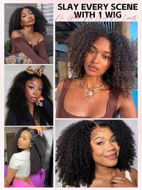 ORIGINAL QUEEN Kinky Curly Half Wig Human Hair Wear And Go Glueless Wigs Curly 3 In 1 Half Wigs for Women Drawstring Seamless Flip Over Glueless Wigs Beginner Friendly 16 Inch