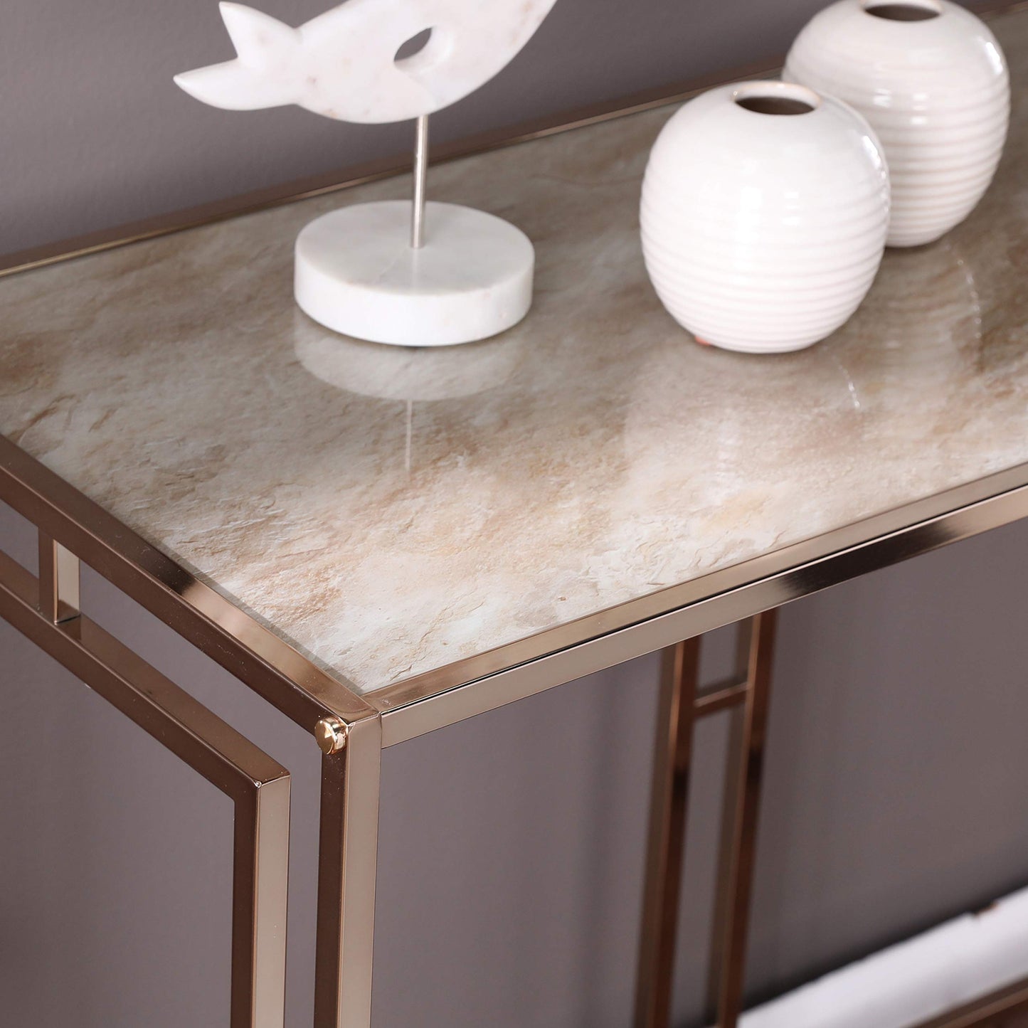 SEI Furniture - Simondley Faux Marble Console Table - Transitional Design, Champagne Metal and Glass - Ideal for Entryway, Living Room (CK1125003)