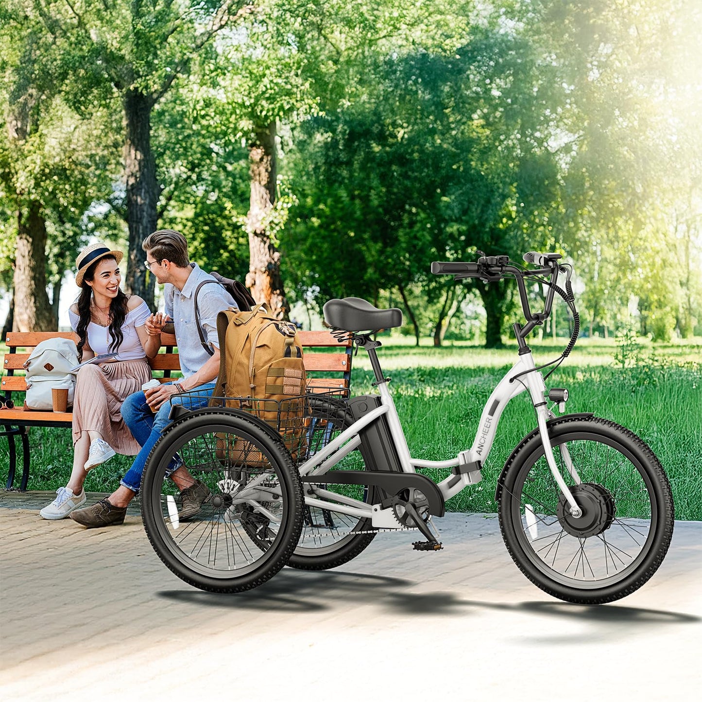 ANCHEER Electric Tricycle for Adults, 350W(Peak 550W) Etrike, 48V/499Wh Ebike, 24" Folding 3 Wheel Electric Trike, 15.5MPH & 55Miles Electric Bike, Rear Differential, Rear Basket