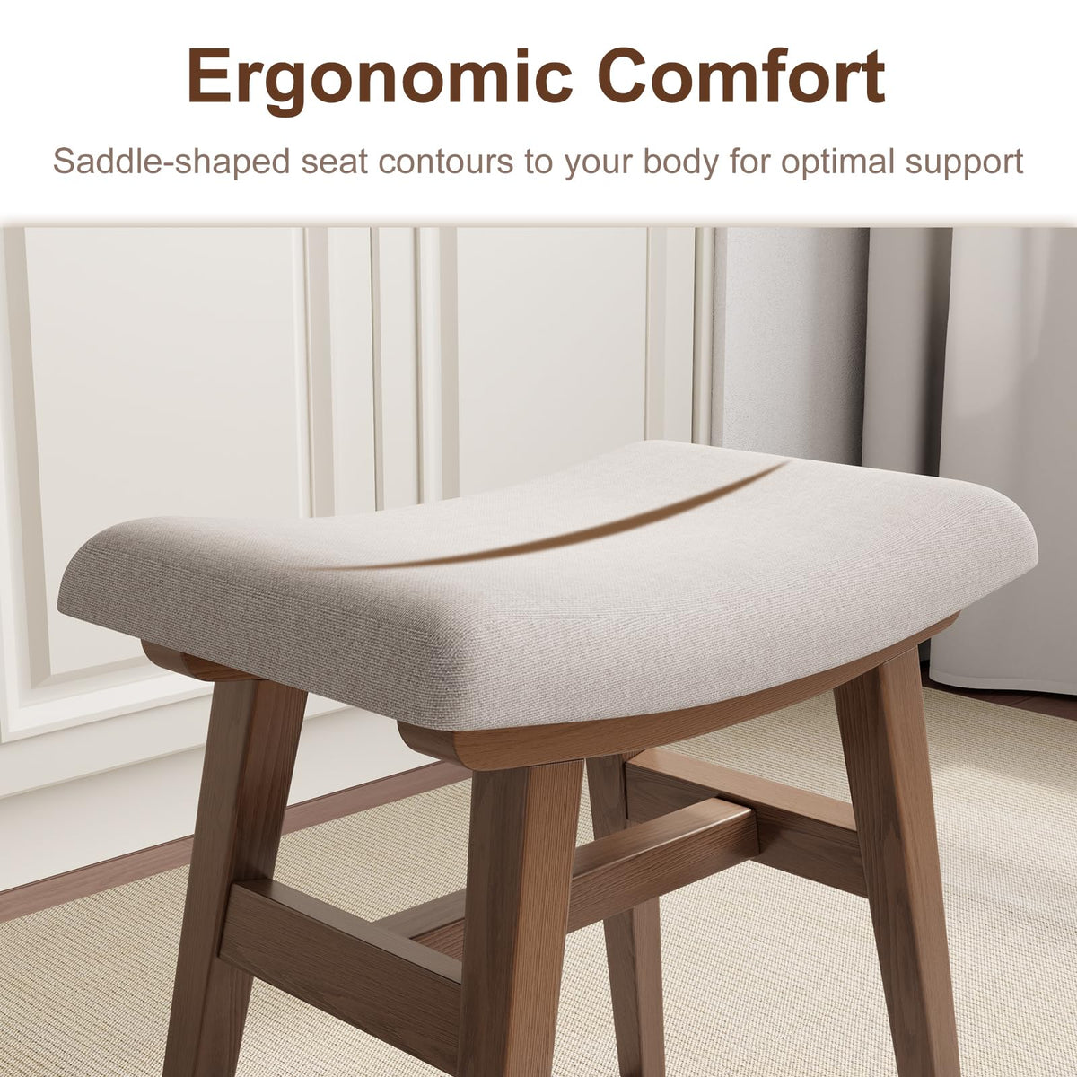 Muwuele Solid Wood Small Vanity Stool with Saddle Cushion, High-Rebound Sponge Seat, Easy Assembly Makeup Chair, Footstool for Bedroom, Entryway, Walnut