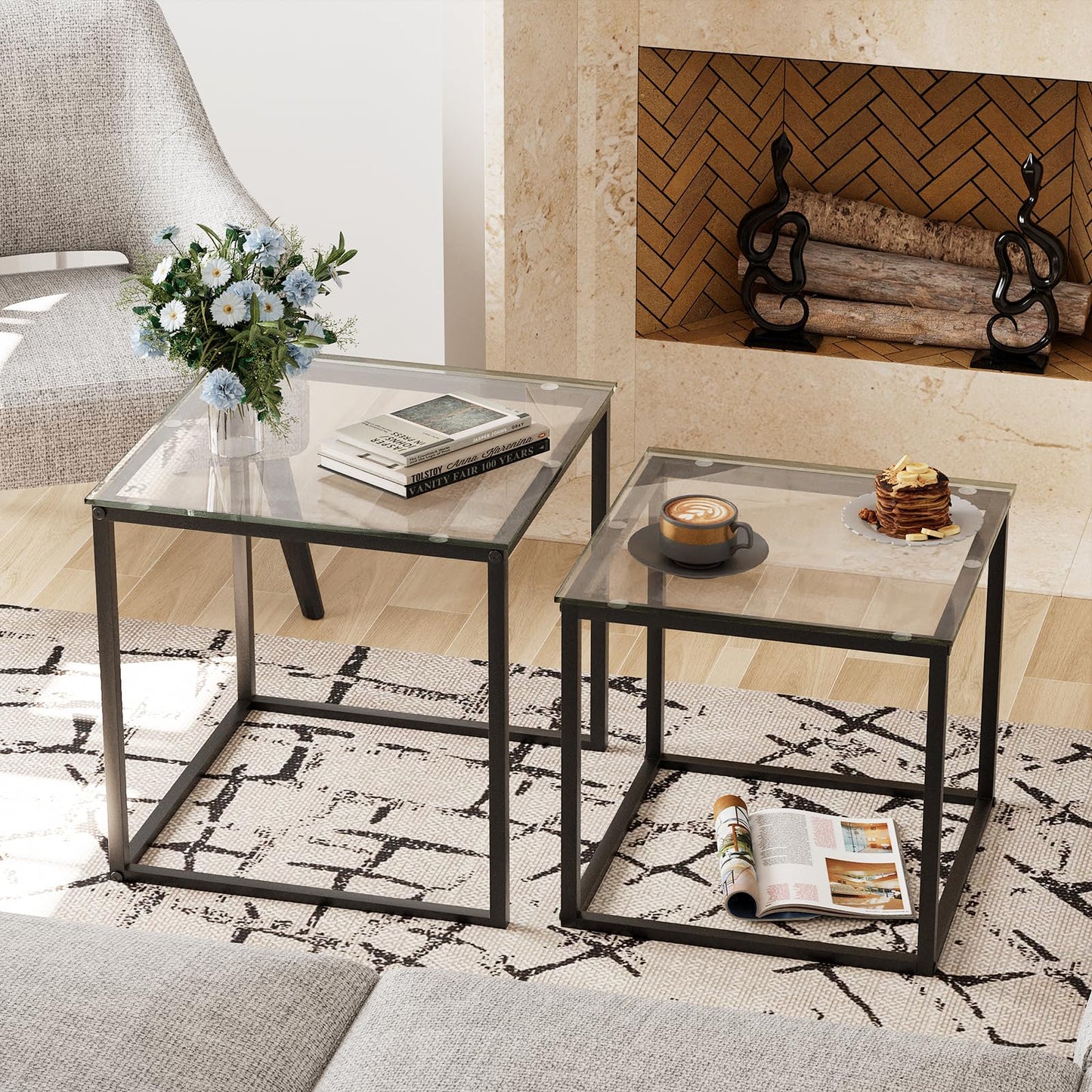 VILAWLENCE Coffee Table Set of 2, Modern Black Glass Side Table, Metal Frame Square End Table, Center Tables,Nesting Coffee Table for Living Room,Bedroom and Small Spaces