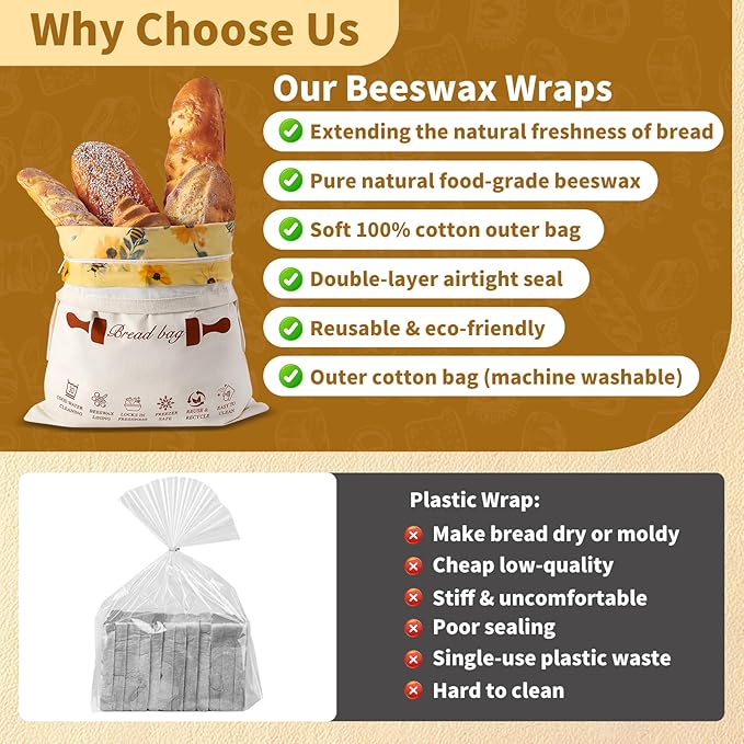 Beeswax Bread Bags with Zipper for Homemade Bread & Sourdough, Reusable Natural Cotton Lined Storage with Easy-Clean Detachable Design, Freezer Safe Freshness Bag