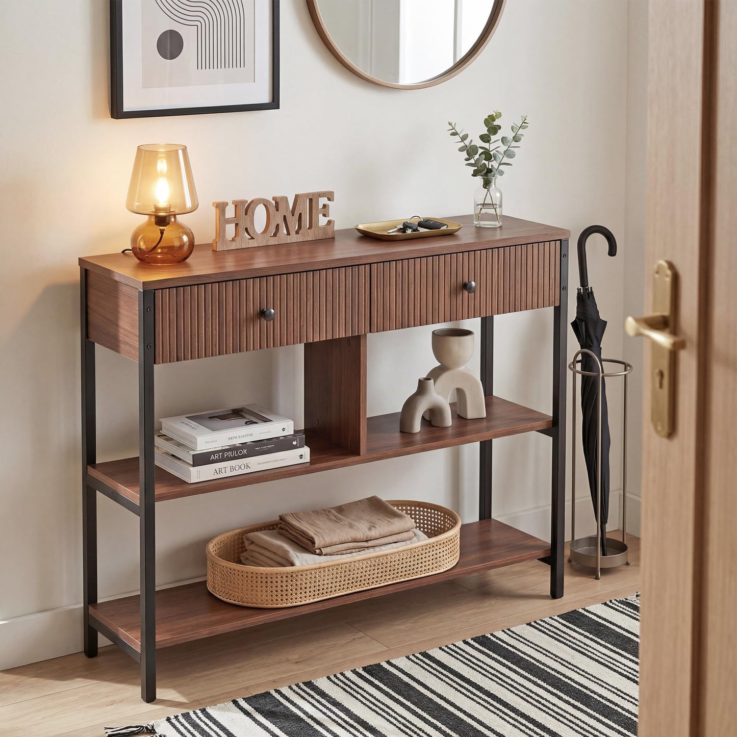 Manora Fluted Console Table with Wooden Drawers, Slim Entryway Table with Open Shelf, Tall Thin Side Table for Couch, Small Sofa Side Table for Hall, Hallway, Bedroom, Living Room, Foyer, Walnut