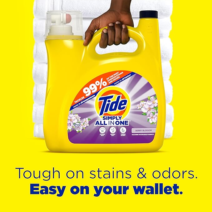Tide Simply All-In-One Liquid Laundry Detergent, Berry Blossom Scent, 138 Loads, 182 fl oz