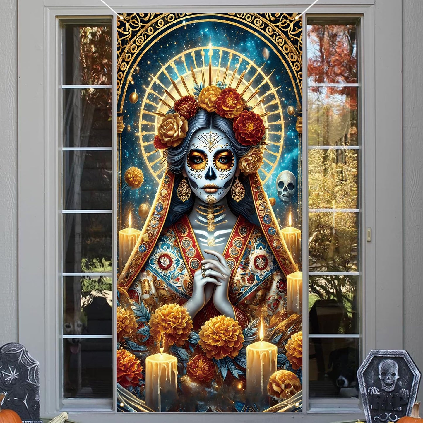 Dia De Los Muertos Door Cover Day of The Dead Front Porch Door Sign Banner Gothic Halloween Sugar Skull Marigold Flowers Decorations and Supplies for Home