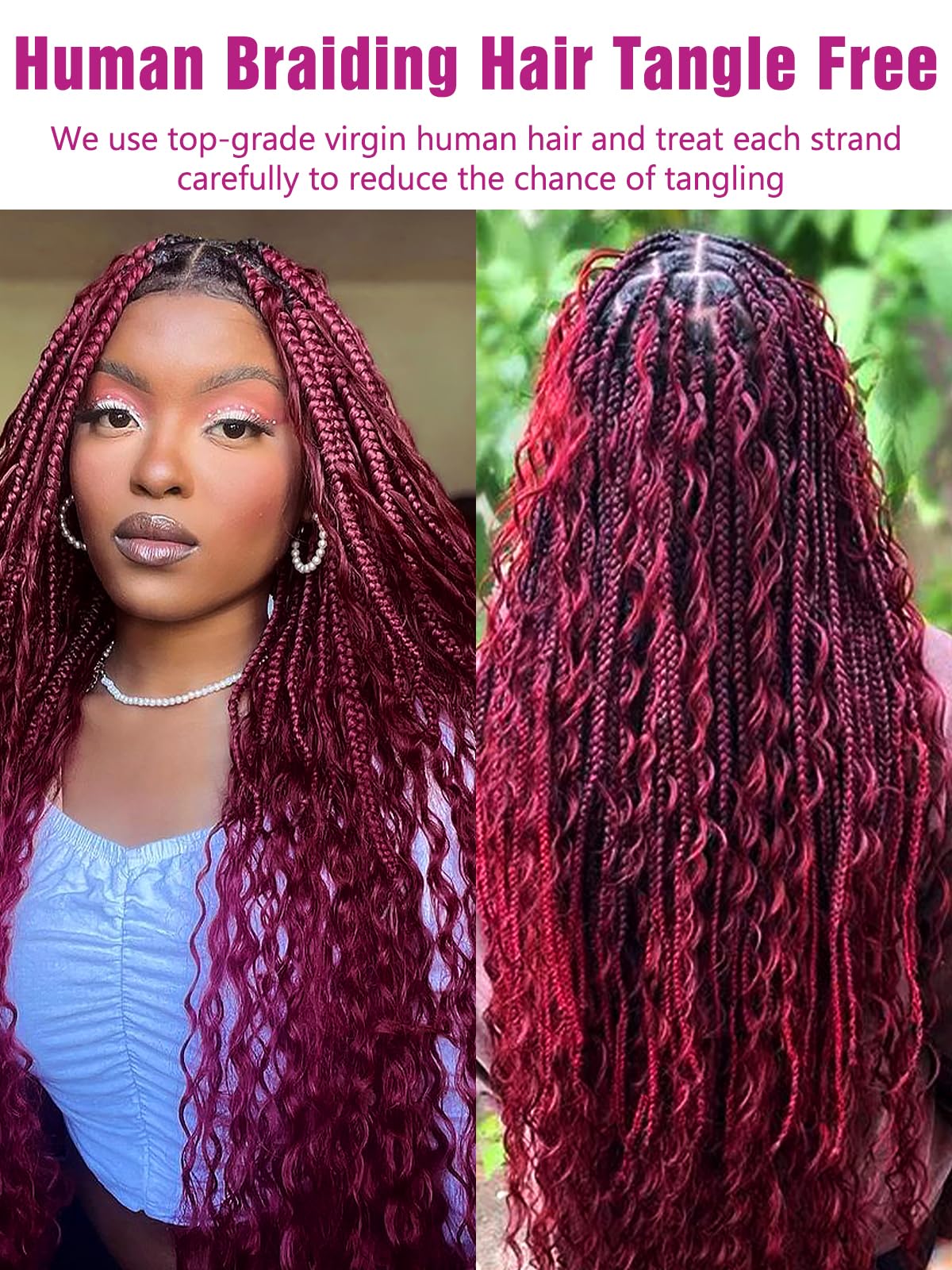 99J Burgundy Human Braiding Hair Deep Wave Bulk Human Hair, No Weft Curly Braiding Hair Extensions for Boho Braids Wet and Wavy