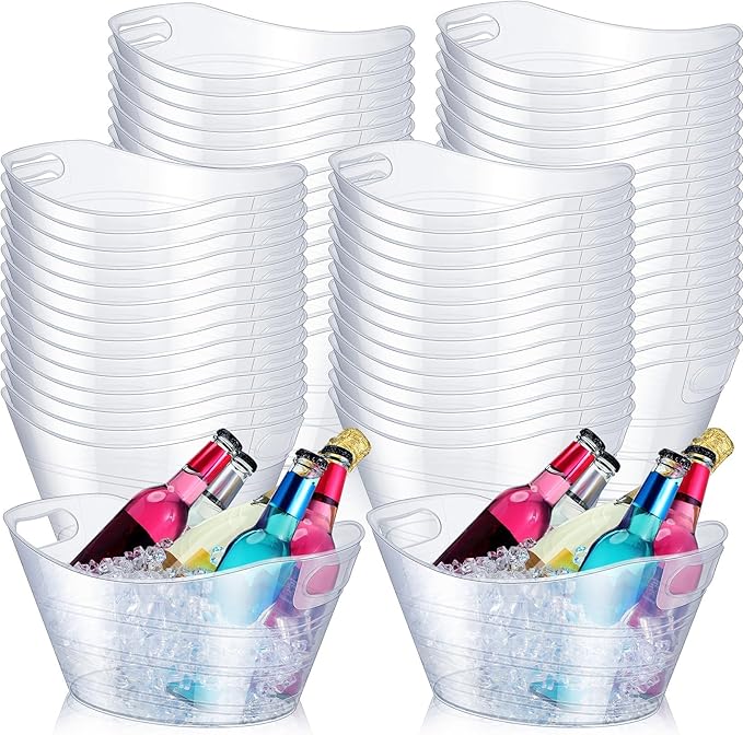 Norme 64 Pcs Oval Storage Tub with Handles, 4.5L Plastic Clear Ice Bucket Wine Beer Champagne Bottle Drink Cooler Tub for ...