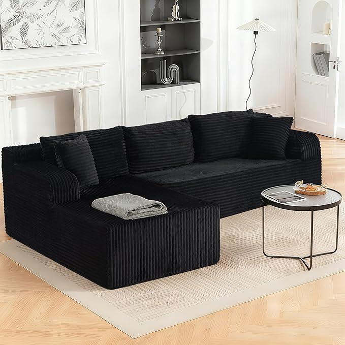 TonghuaS 106” Cloud Modular Sectional Sofa with L-Shape Chaise and Deep Seat, Corduroy Memory Foam Boneless Compressed Couch for Living Room, No Assembly Required(Left Facing Chaise, Black)