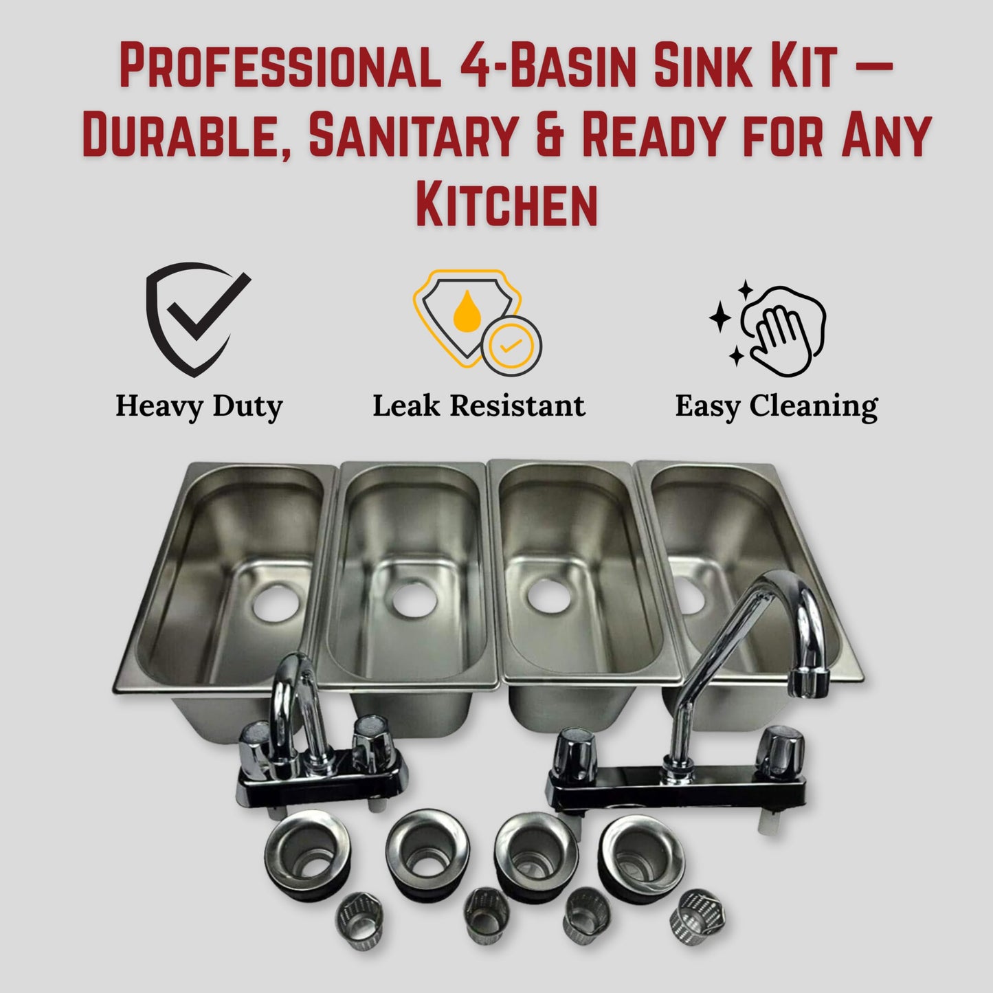 Standard 4-Compartment Drop-in Stainless Steel Concession Sink Set & Hand Washing for Concession Stand Food Trailer