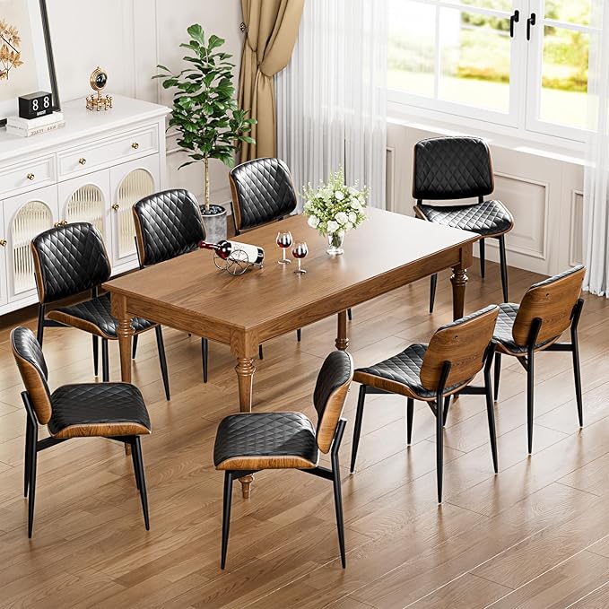 YaFiti Dining Chairs Set of 8, FSC Certified Mid Century Modern Accent Dining Room and Kitchen Chairs, Upholstered PU Leather Diamond Check Chairs with Walnut Bentwood and Metal Legs, Black