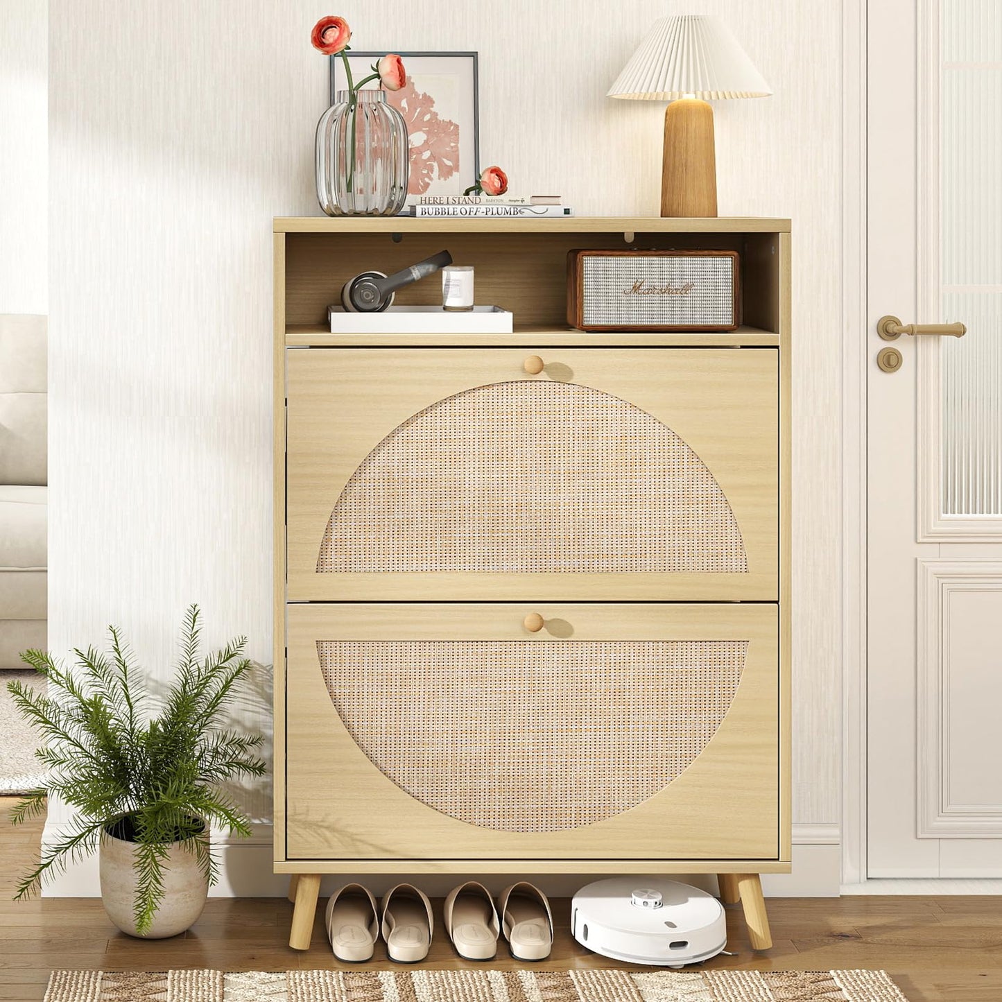 Curlaky Rattan Shoe Cabinet Storage with 2 Flip Drawers, Narrow Freestanding Shoe Storage Cabinet for Entryway, Wood Hidden Shoes Organizer Rack with Adjustable Shelves for Entry Way, Natural