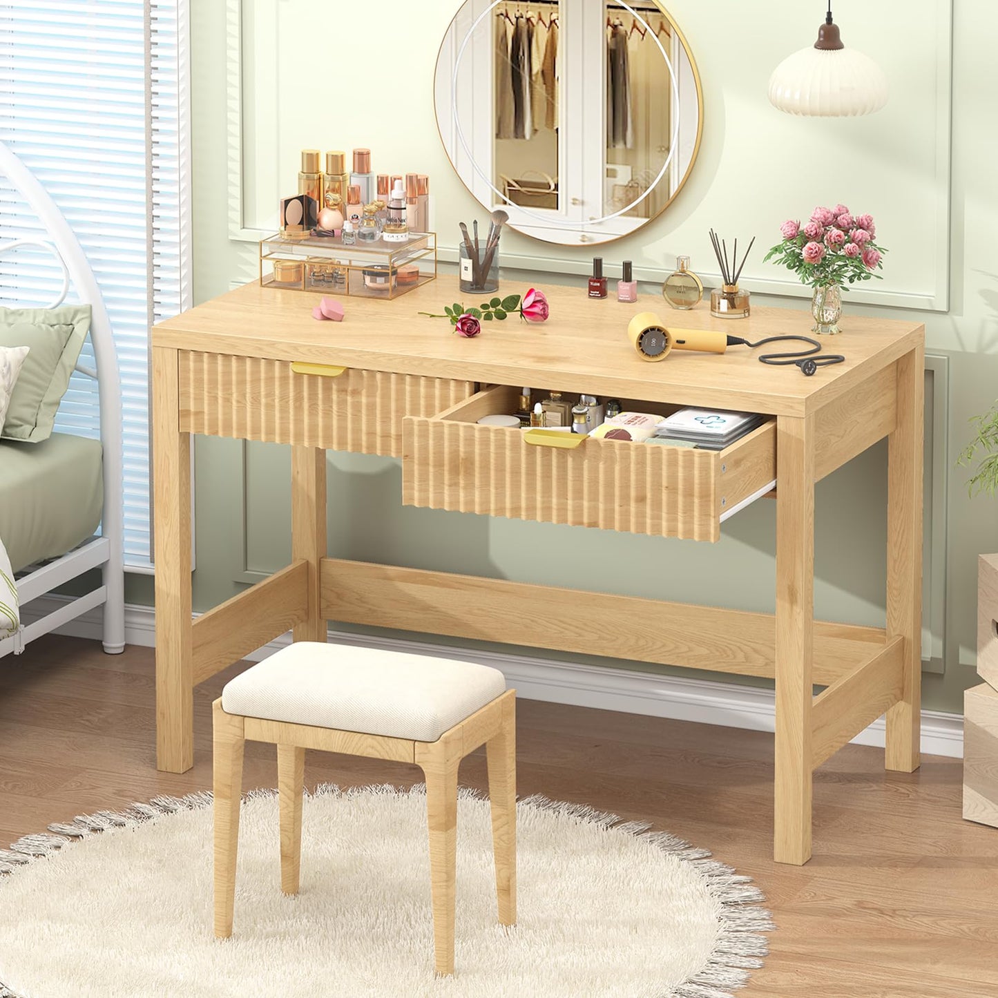 YOMILUVE Fluted Computer Desk with 2 Drawers, 39 Inch Small Computer Desk with Power Outlets, Compact Writing Study Desk for Small Spaces
