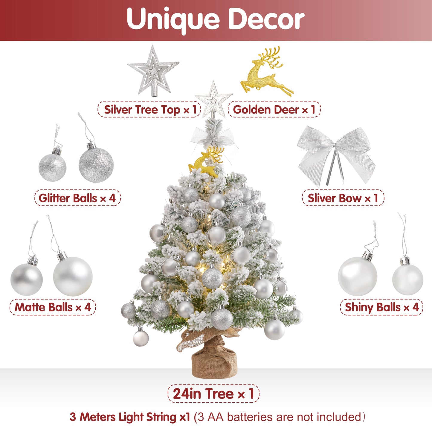 30 Inch Tabletop Mini Flocked Snow Christmas Tree, Artificial Xmas Pine Tree with LED String Lights, Gold Star Topper, Christmas Elk and Ornaments (White)