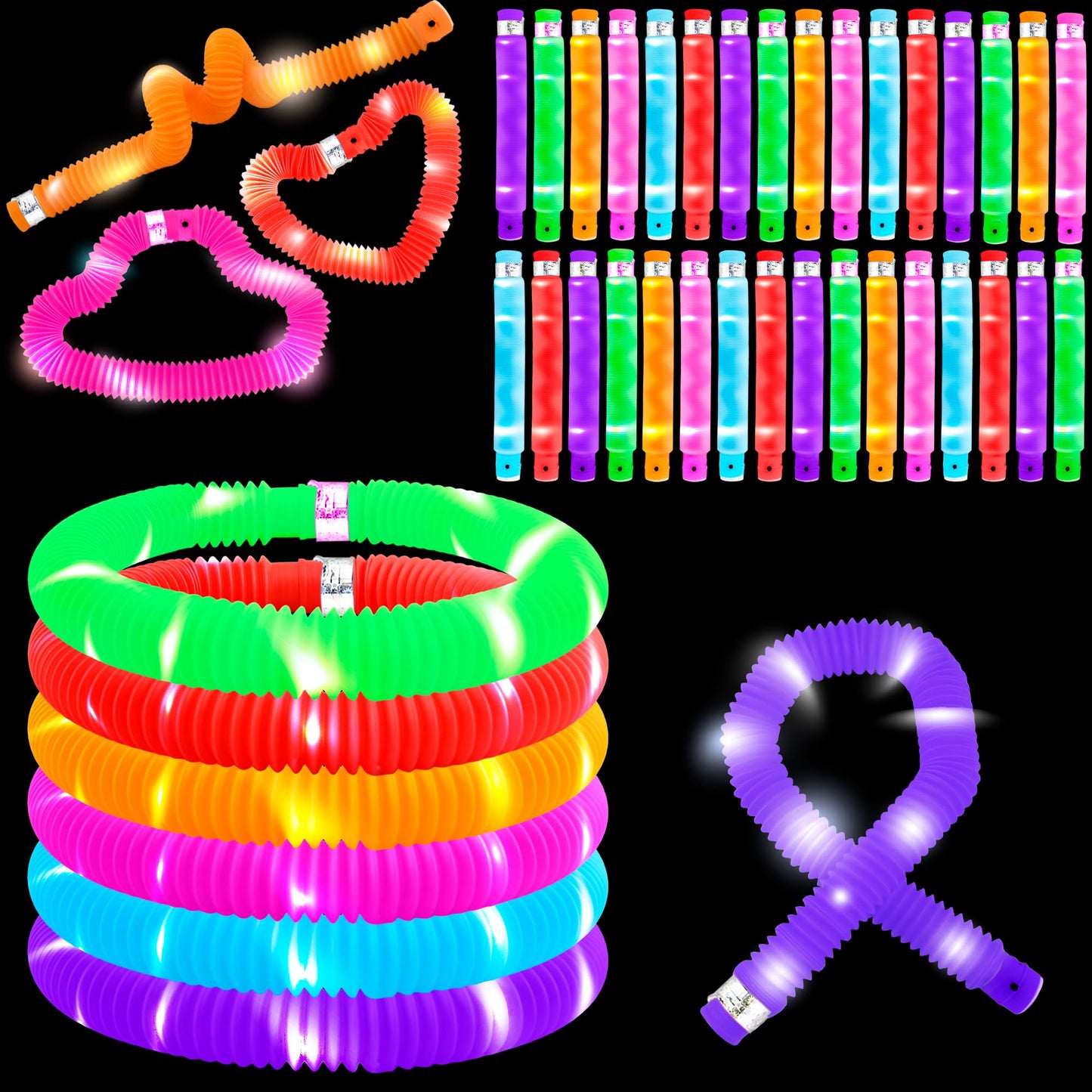 Rcanedny 42 PCS Light Up Tubes Party Favors LED Glow Sticks Tubes Glow in The Dark Pop Tubes for Kids Birthday Concert Glowing Party Supplies Goodie Bag Classroom Rewards