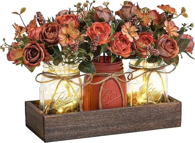 DUOER 3 Pcs Mason Jar Centerpiece Table Decorations for Dining Table Decor Farmhouse Coffee Table Decor with Wood Tray and...