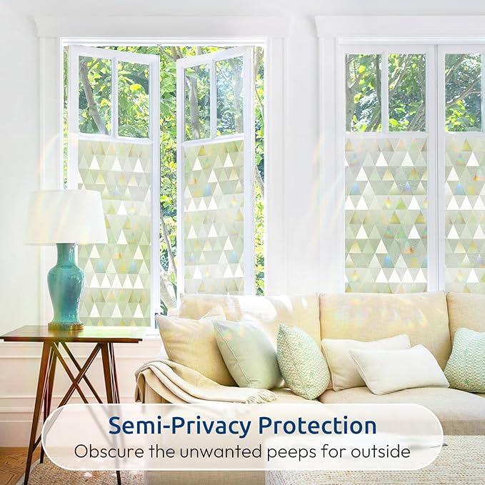 rabbitgoo Window Privacy Film, Stained Glass Rainbow Privacy Clings for Glass Window, Static Cling Decorative Door Covering, Non-Adhesive UV Blocking, Multicolored, 35.4 x 157.4 inches